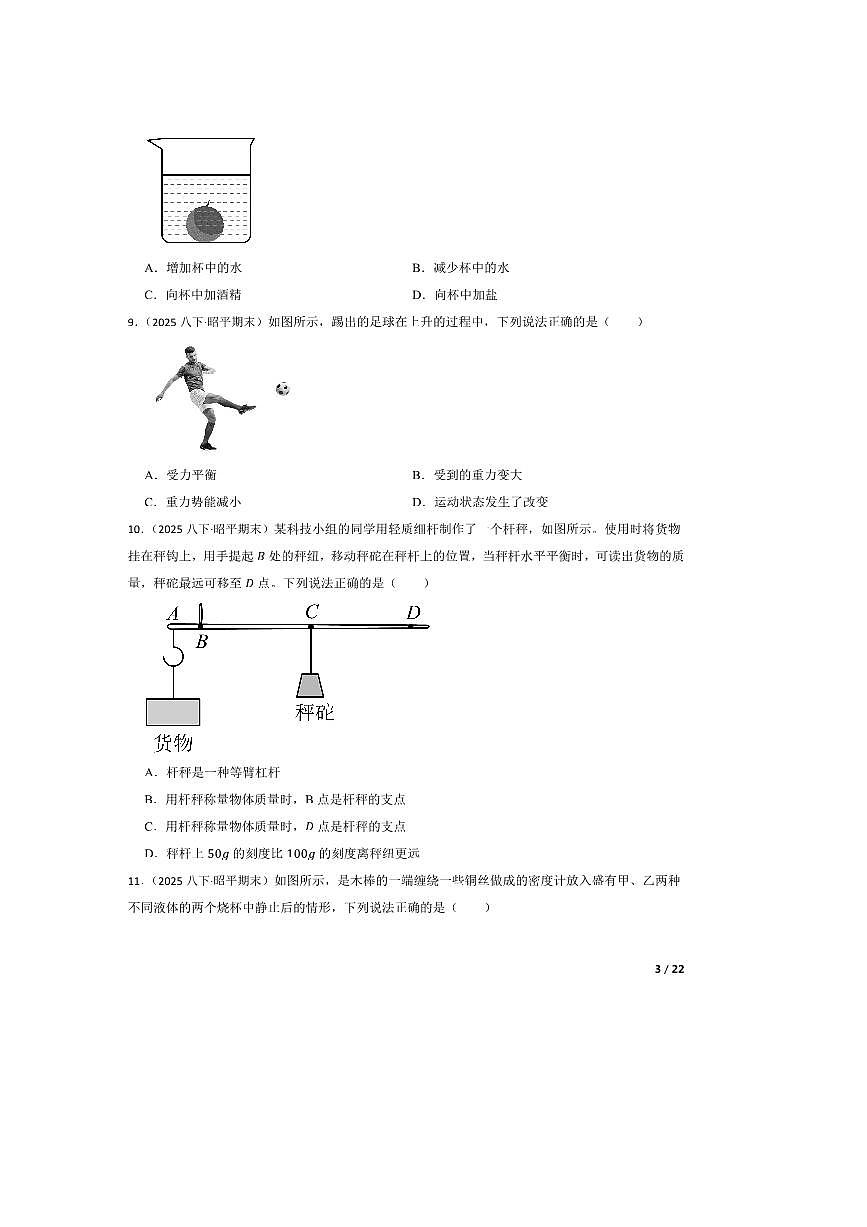 2024～2025学年广西壮族自治区贺州市昭平县八年级下期末物理试卷第3页