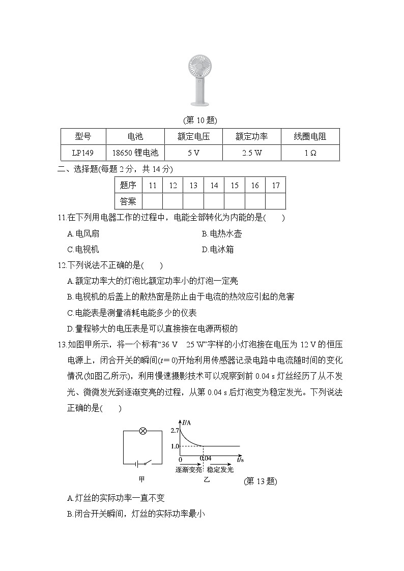 九年级物理上册 第十五章　电能与电功率 单元测试卷（沪粤版 2024年秋）第3页