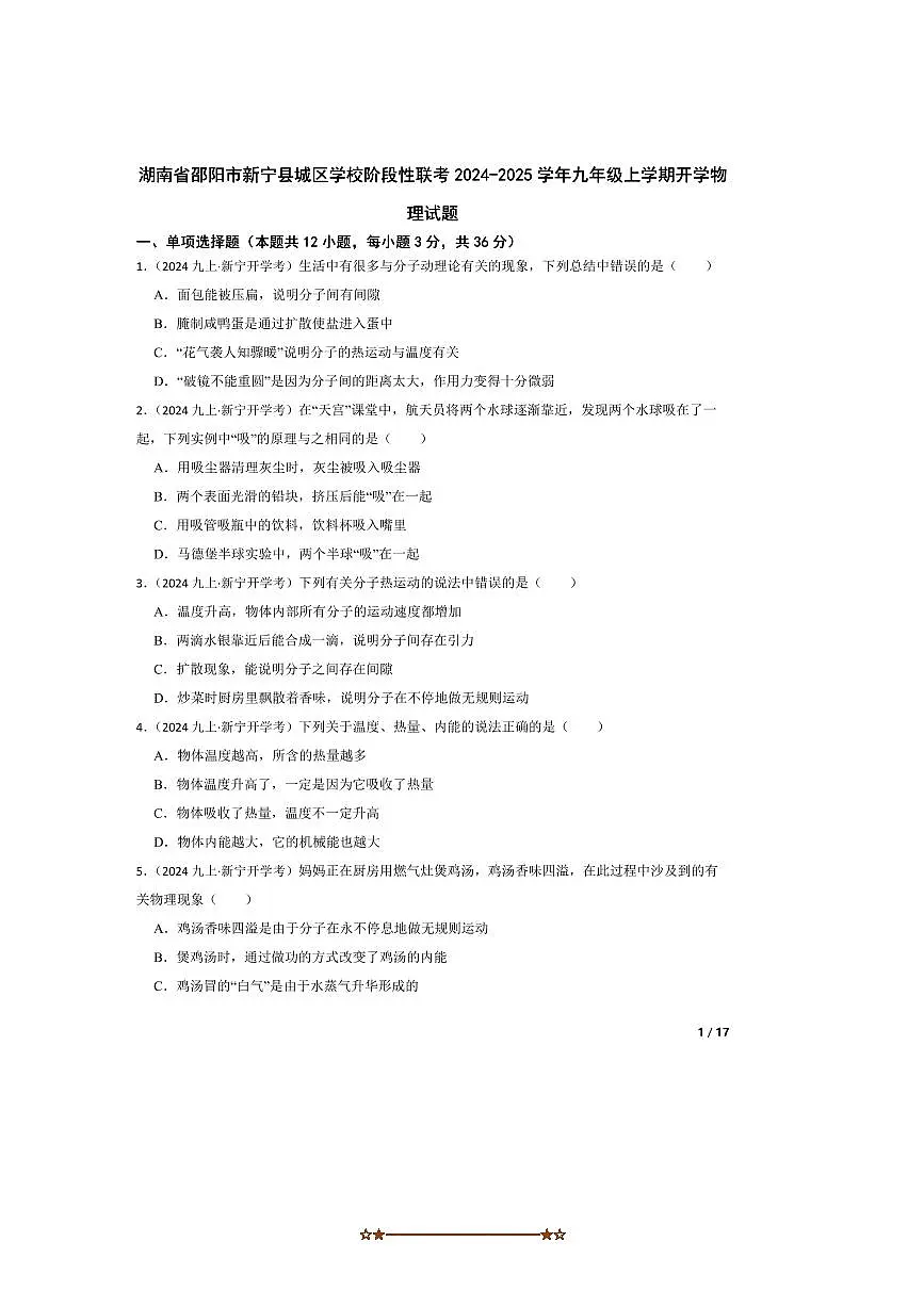 2024～2025学年湖南省邵阳市新宁县城区学校阶段性联考(月考)九年级上开学物理试卷第1页
