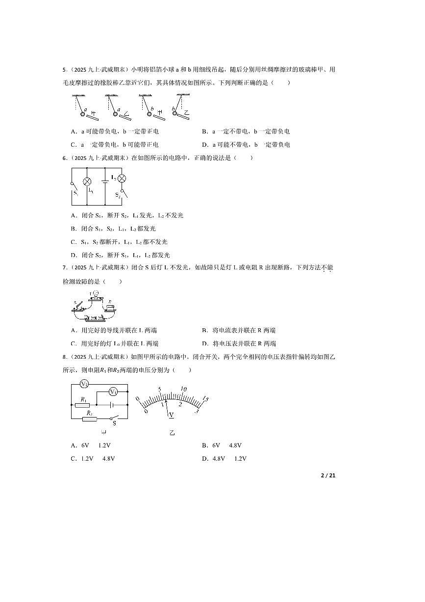 2024～2025学年甘肃省武威十六中试卷(教育集团)联片教研九年级上期末考试物理题第2页