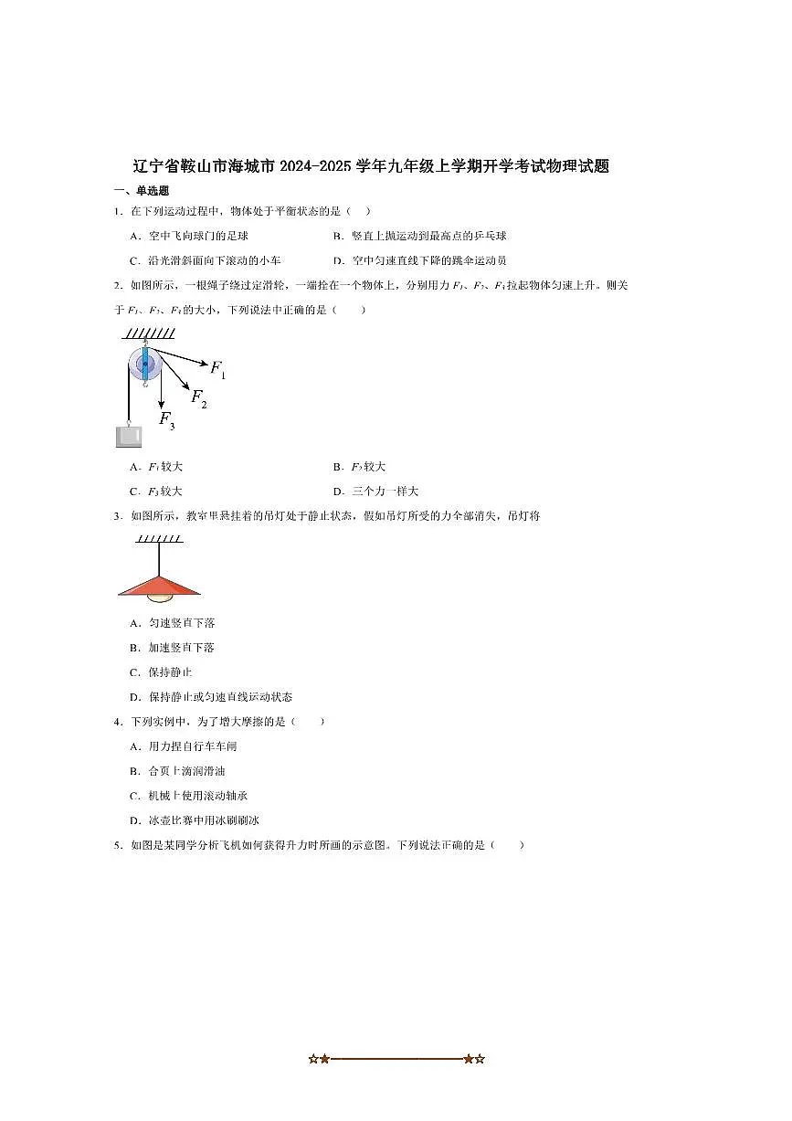 2024～2025学年辽宁省鞍山市海城市九年级上开学考试物理试卷(含答案)第1页