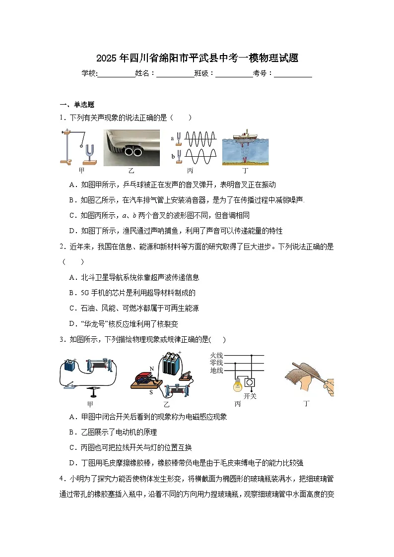 2025年四川省绵阳市平武县中考一模物理试题（附答案解析）第1页