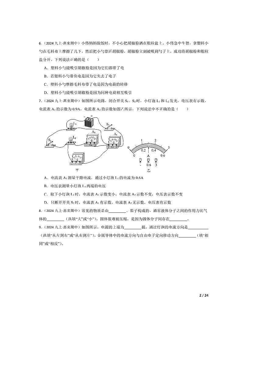 2024～2025学年广东省揭阳市惠来县九年级上期中物理试卷第2页