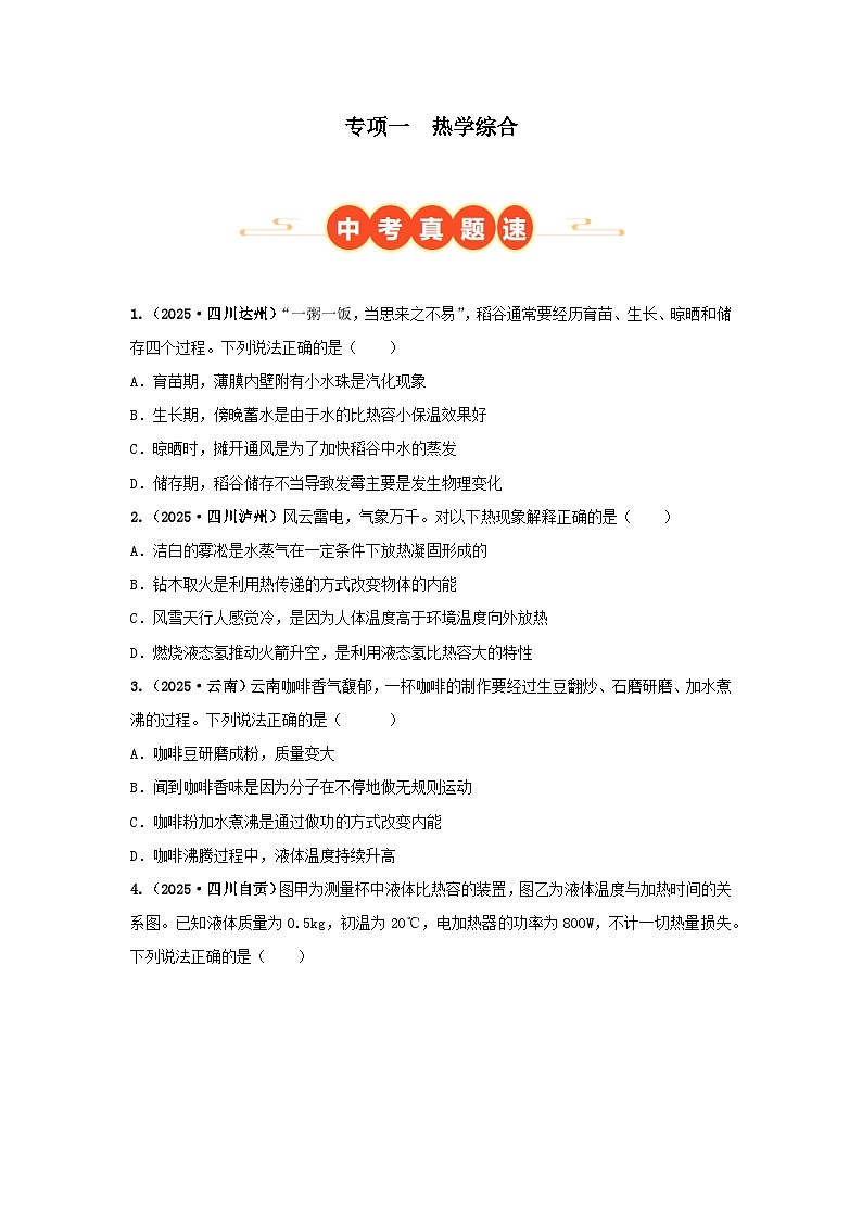 2025年中考物理真题分类汇编：专项一 热学综合（全国通用）（第01期）（原卷版）第1页