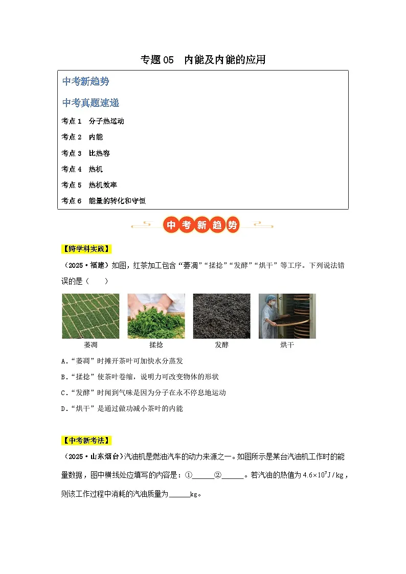 2025年中考物理真题分类汇编：专题05 内能及内能的应用（全国通用）（第01期）（原卷版）第1页