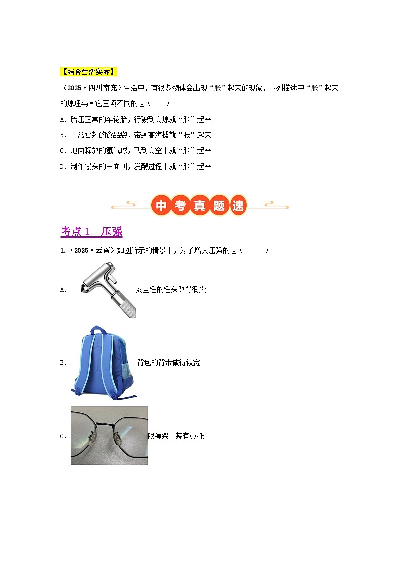 2025年中考物理真题分类汇编：专题08  压强（全国通用）（第01期）（原卷版）第2页