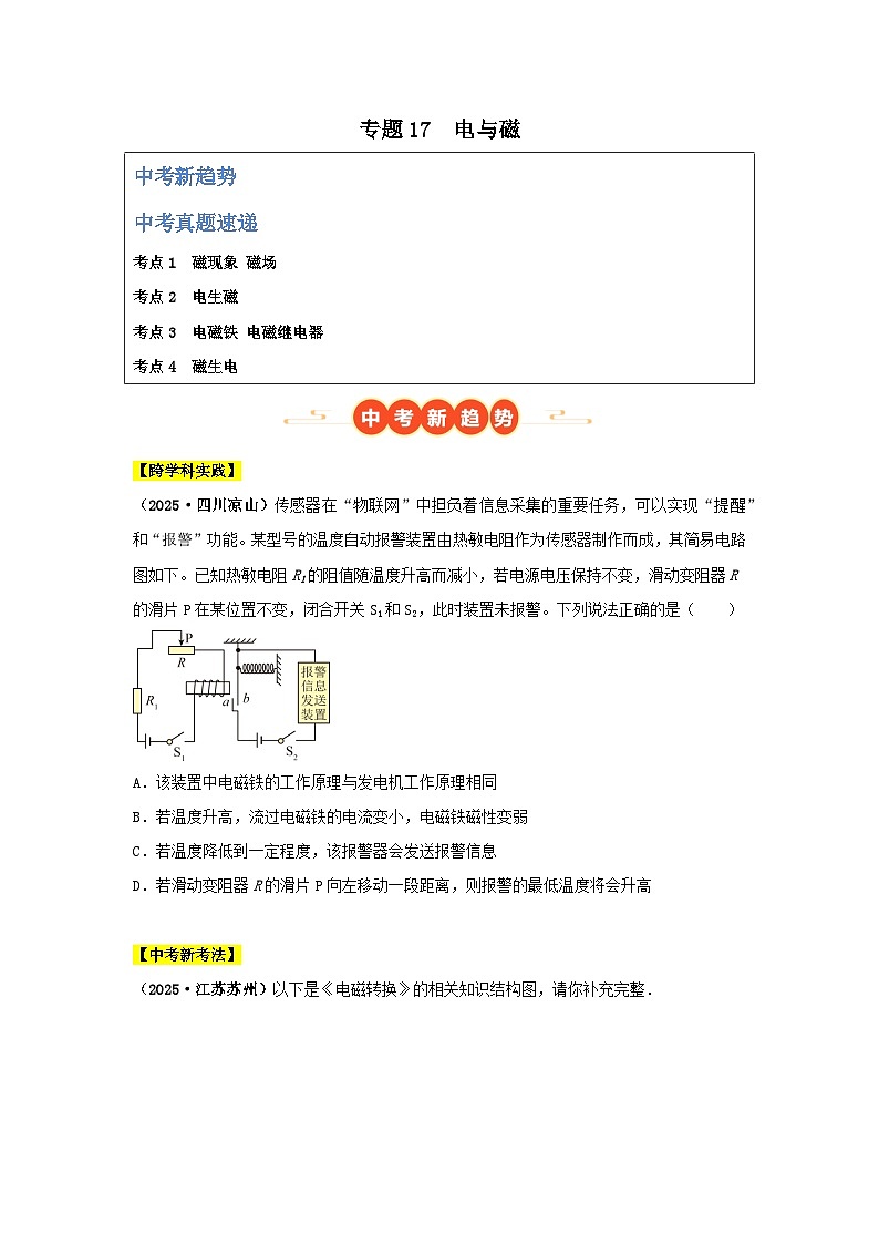 2025年中考物理真题分类汇编：专题17  电与磁（全国通用）（第01期）（原卷版）第1页