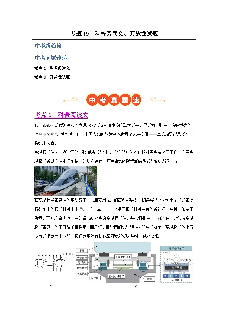 2025年中考物理真题分类汇编：专题19 科普阅读文、开放性试题（全国通用）（第01期）（解析版）第1页