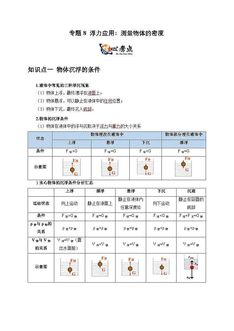 专题8 浮力应用：测量物体的密度（解析版）第1页