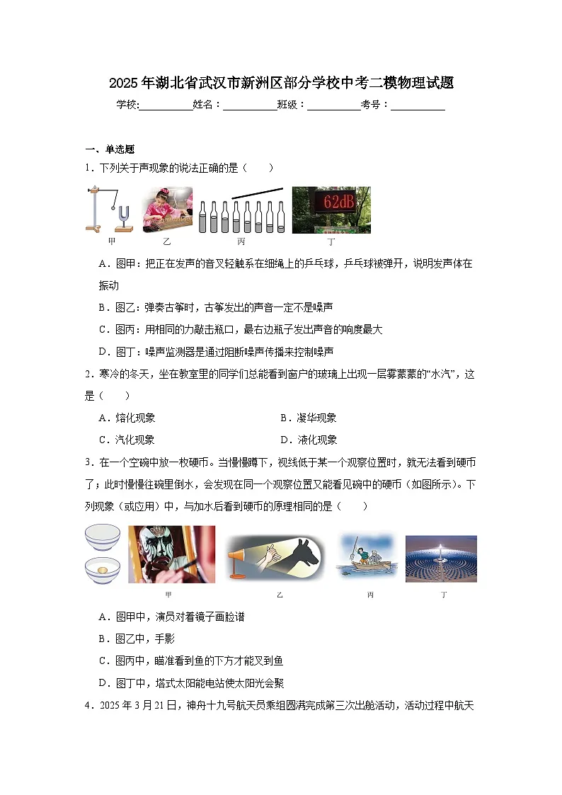 2025年湖北省武汉市新洲区部分学校中考二模物理试题（附答案解析）第1页