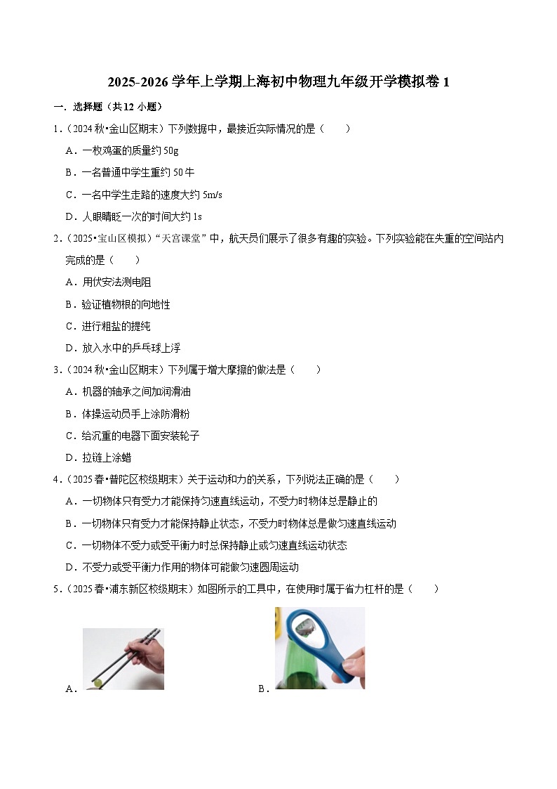 2025-2026学年上学期上海初中物理九年级开学模拟卷1第1页