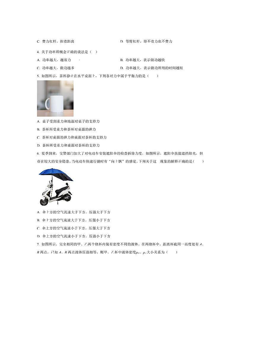 2024～2025学年广东省惠州市八年级下期末教学质量监测物理试卷(含答案)第2页