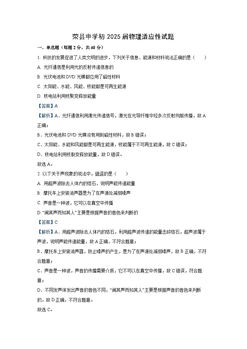 2025年四川省自贡市荣县中考适应性考试物理试题（解析版）第1页