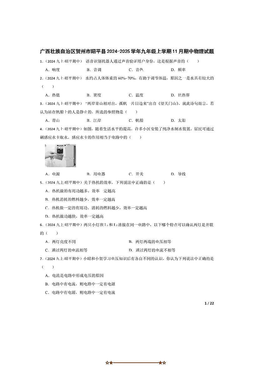 2024～2025学年广西壮族自治区贺州市昭平县九年级上期中物理试卷第1页