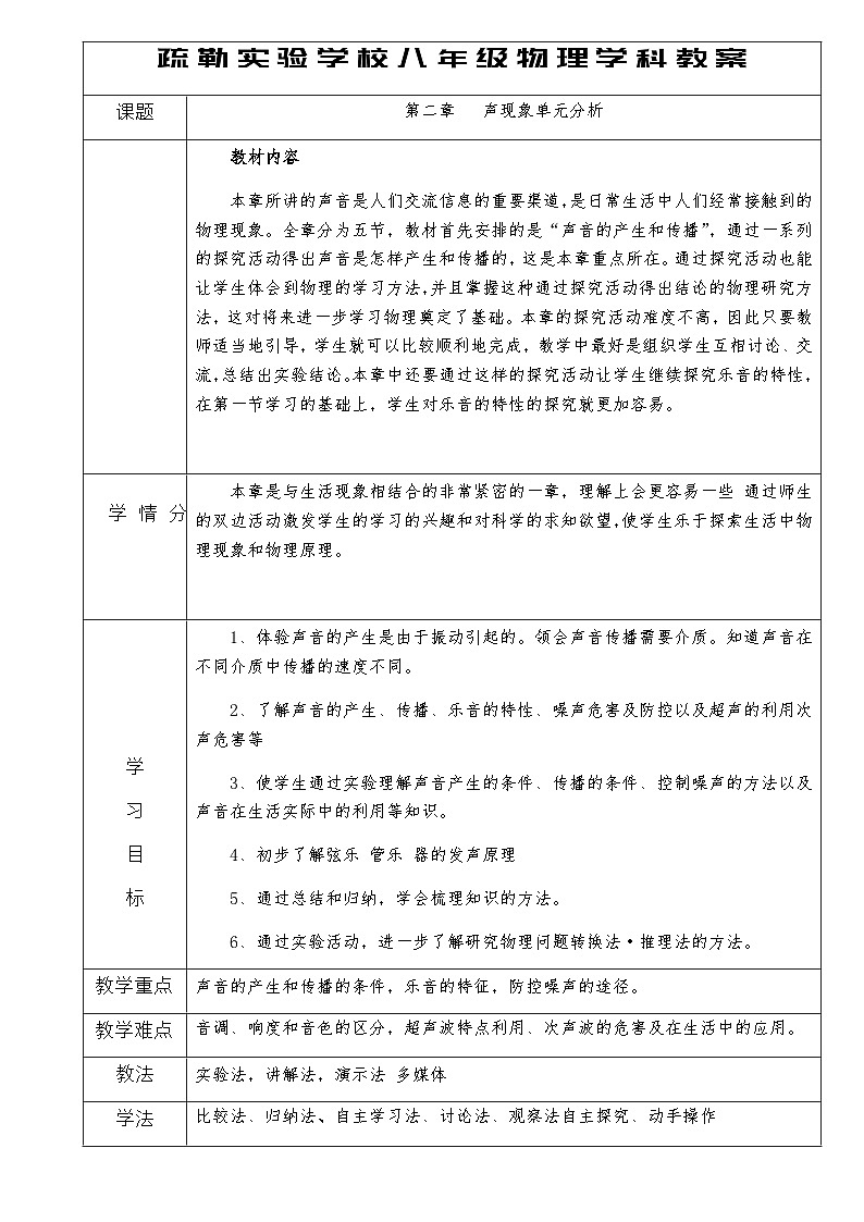 人教版八年级上册物理第二章声现象  单元分析教案第1页