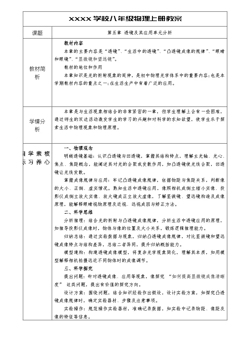 人教版八年级物理上册第五第五章 透镜及其应用单元分析教案第1页
