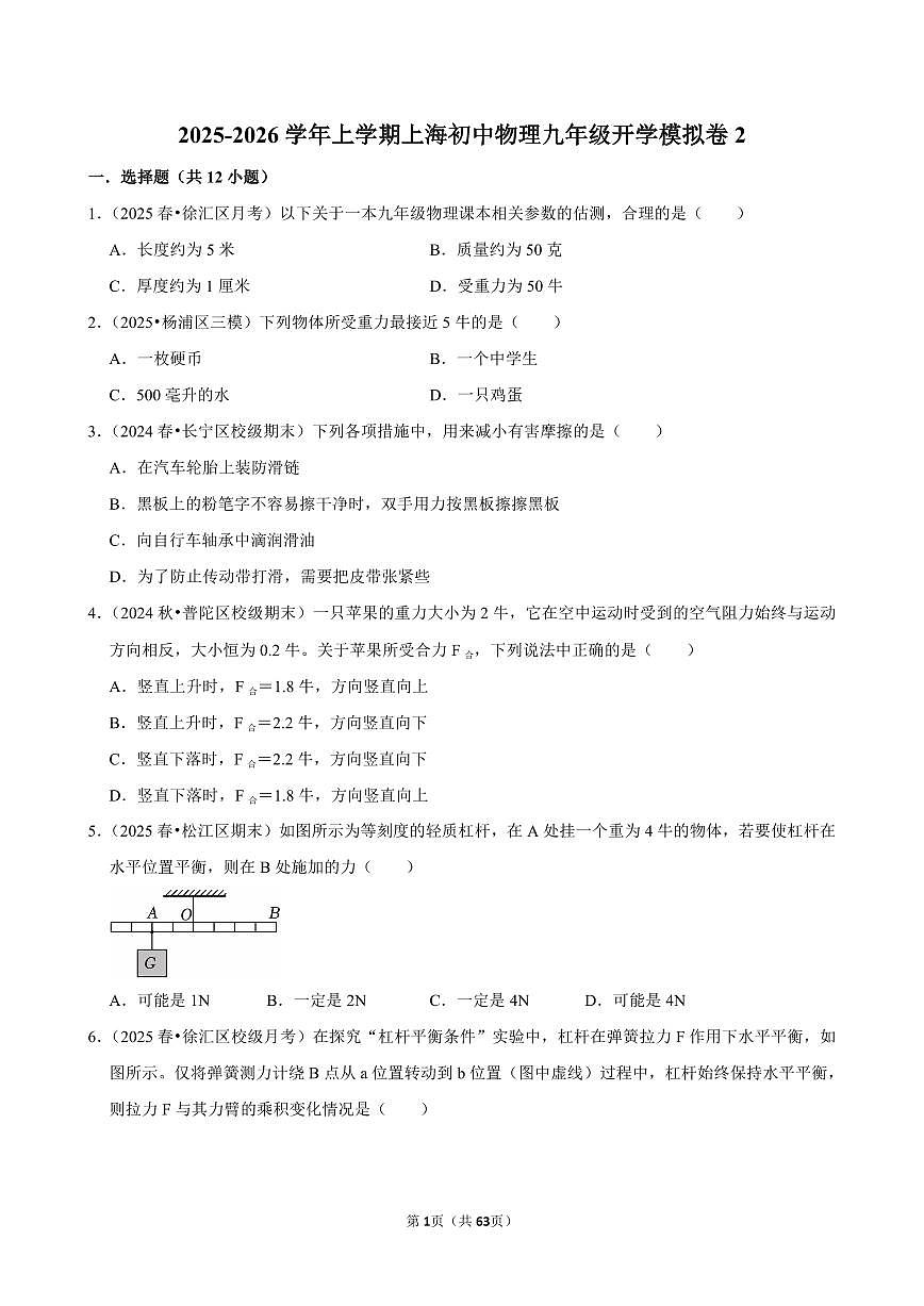 2025-2026学年上学期上海初中物理九年级开学模拟卷2含答案第1页