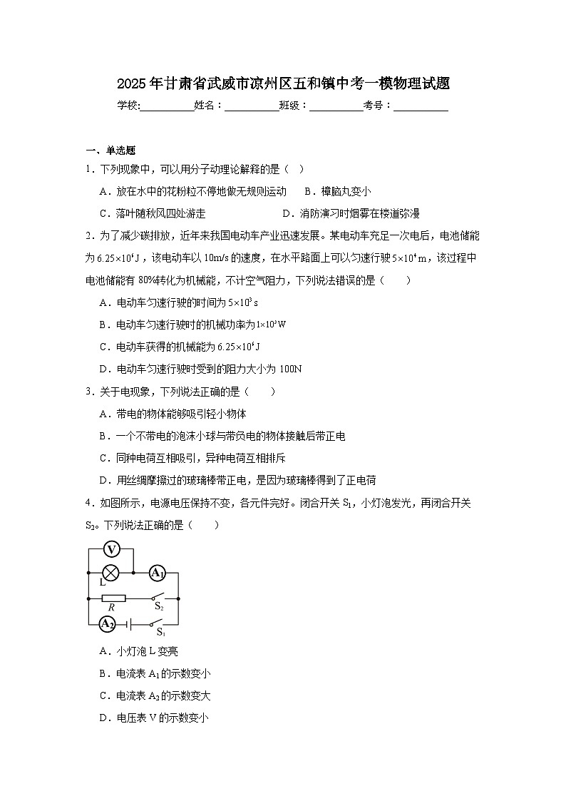 2025年甘肃省武威市凉州区五和镇中考一模物理试题（附答案解析）第1页
