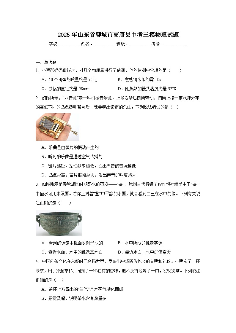 2025年山东省聊城市高唐县中考三模物理试题（附答案解析）第1页