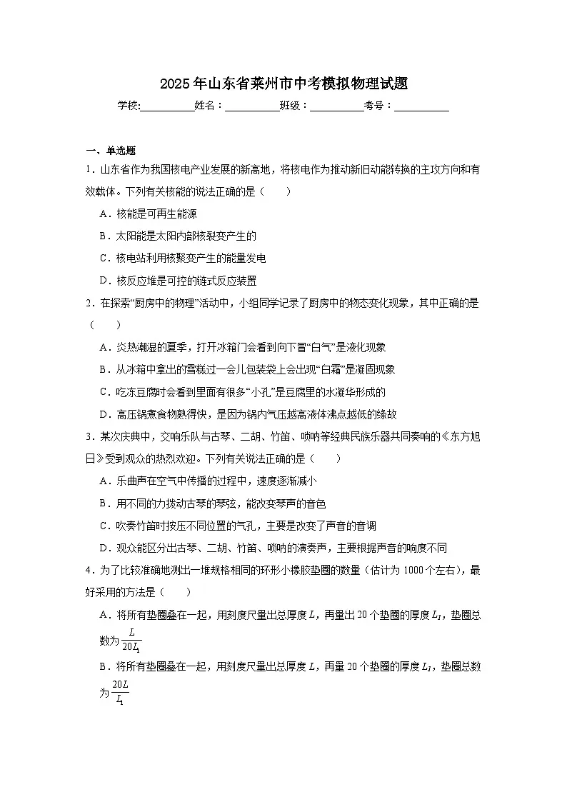 2025年山东省莱州市中考模拟物理试题（附答案解析）第1页