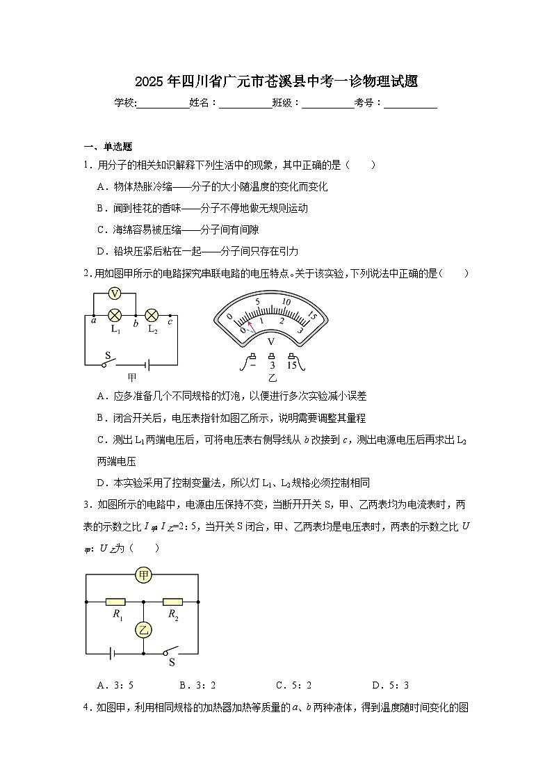 2025年四川省广元市苍溪县中考一诊物理试题（附答案解析）第1页