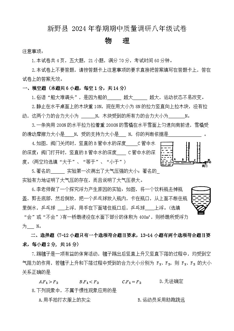 河南省南阳市新野县+2023－2024学年八年级下学期期中物理试题第1页