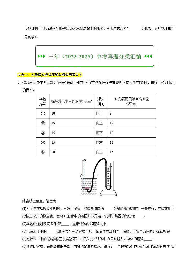 三年（2023-2025）中考物理真题分类汇编：专题11 压强与浮力实验专题（原卷版）第3页