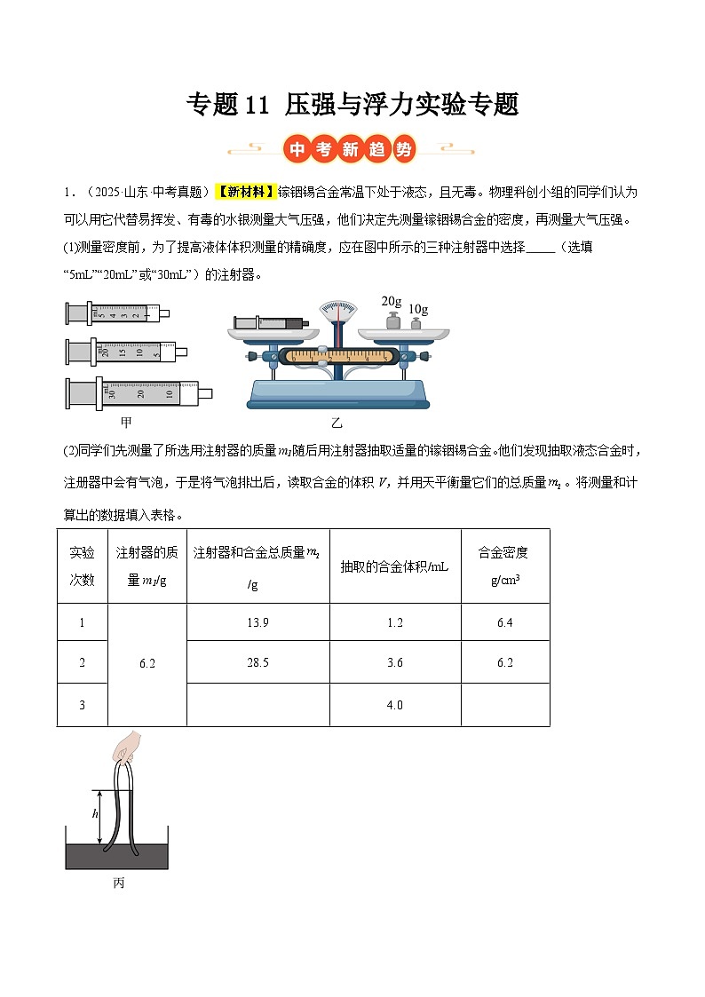 三年（2023-2025）中考物理真题分类汇编：专题11 压强与浮力实验专题（解析版）第1页