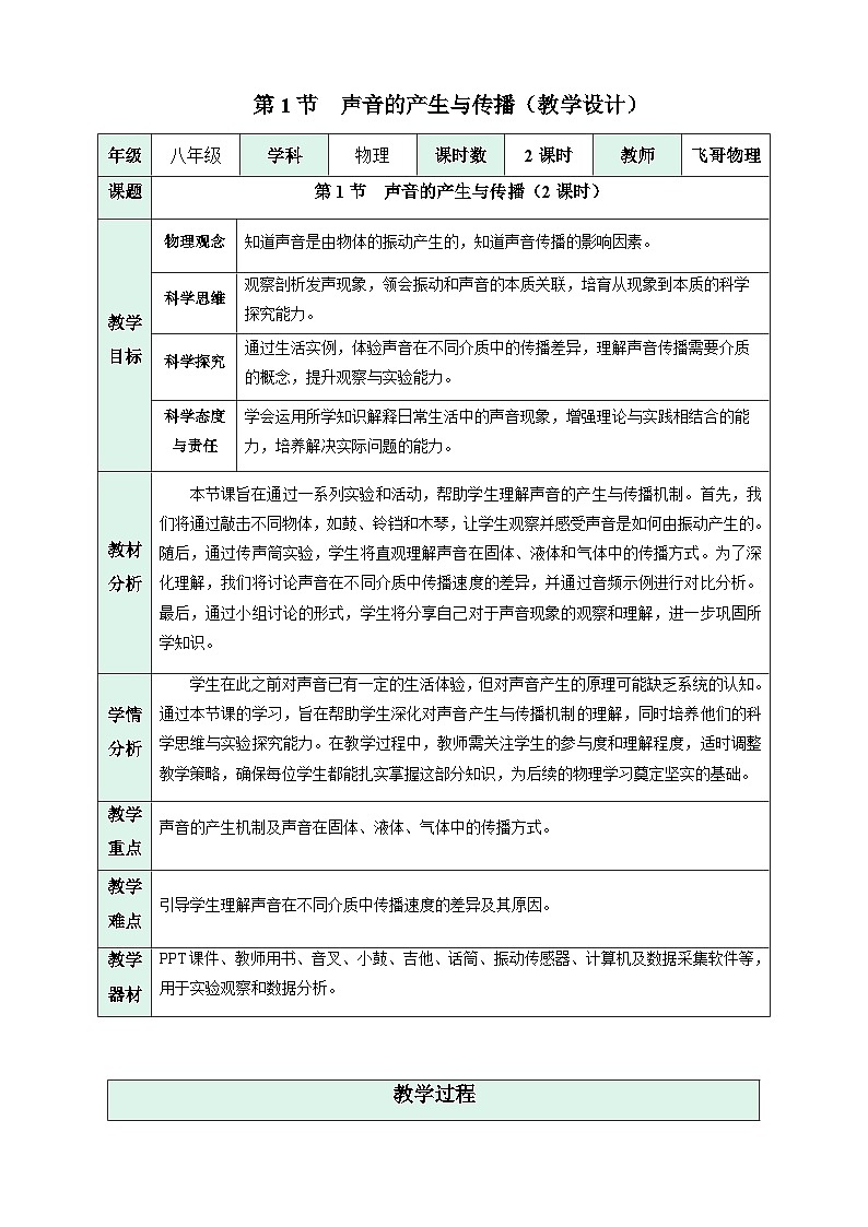 人教版物理八年级上册 第1节  声音的产生与传播 表格式同步教案第1页