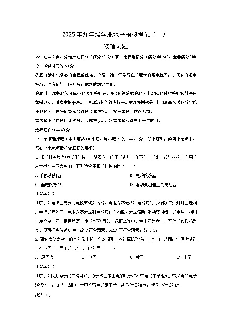 2025年山东省济南市钢城区中考一模物理试题（解析版）第1页