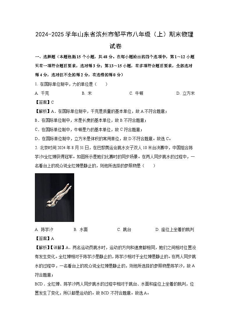 山东省滨州市邹平市2024-2025学年八年级上学期期末考试物理试题（解析版）第1页