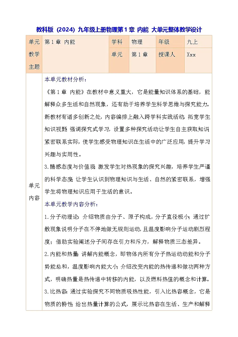 教科版（2024）九年级上册物理第1章 内能 大单元整体教学设计第1页