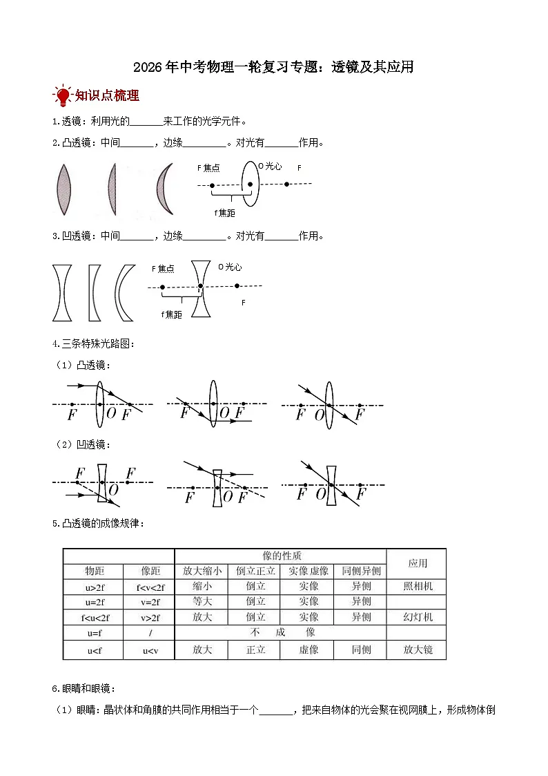 2026年中考物理一轮重点难点一遍过专题训练-透镜及其应用（附答案解析）第1页