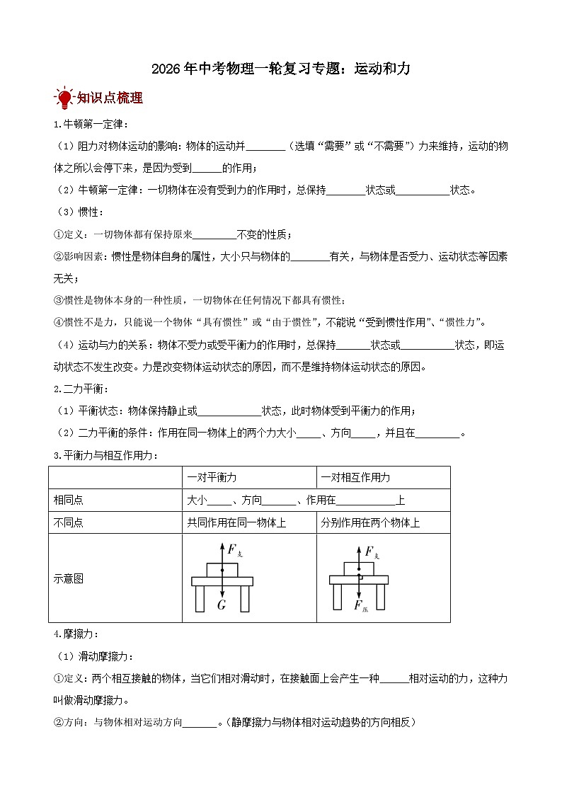 2026年中考物理一轮重点难点一遍过专题训练-运动和力（附答案解析）第1页