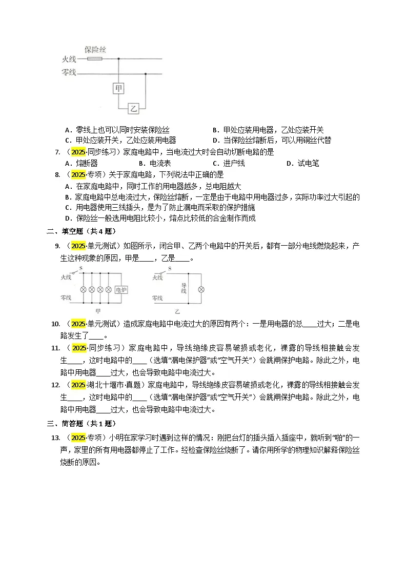 2025秋-人教版九年级物理19.2家庭电路中电流过大的原因练习（附答案）第2页