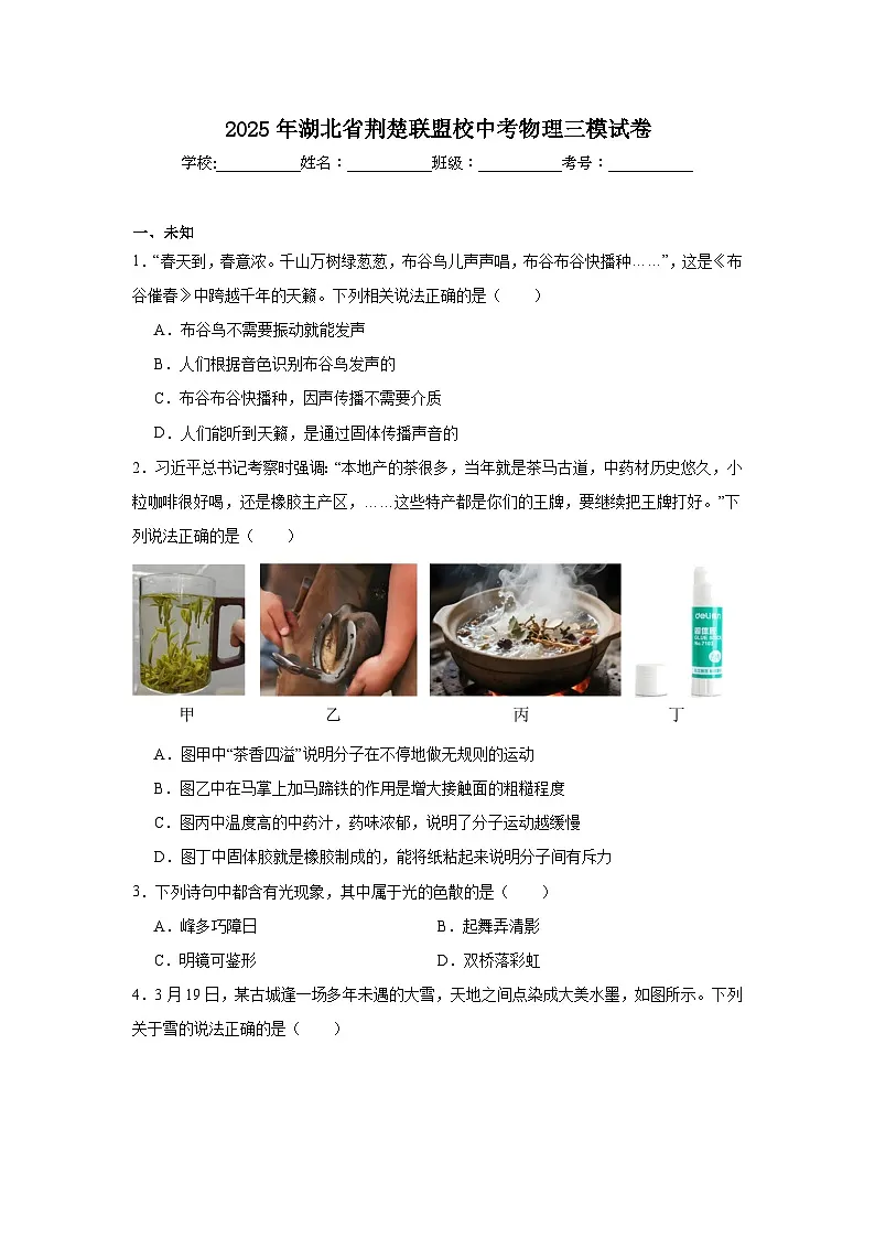 2025年湖北省荆楚联盟校中考物理三模试卷（无答案）第1页