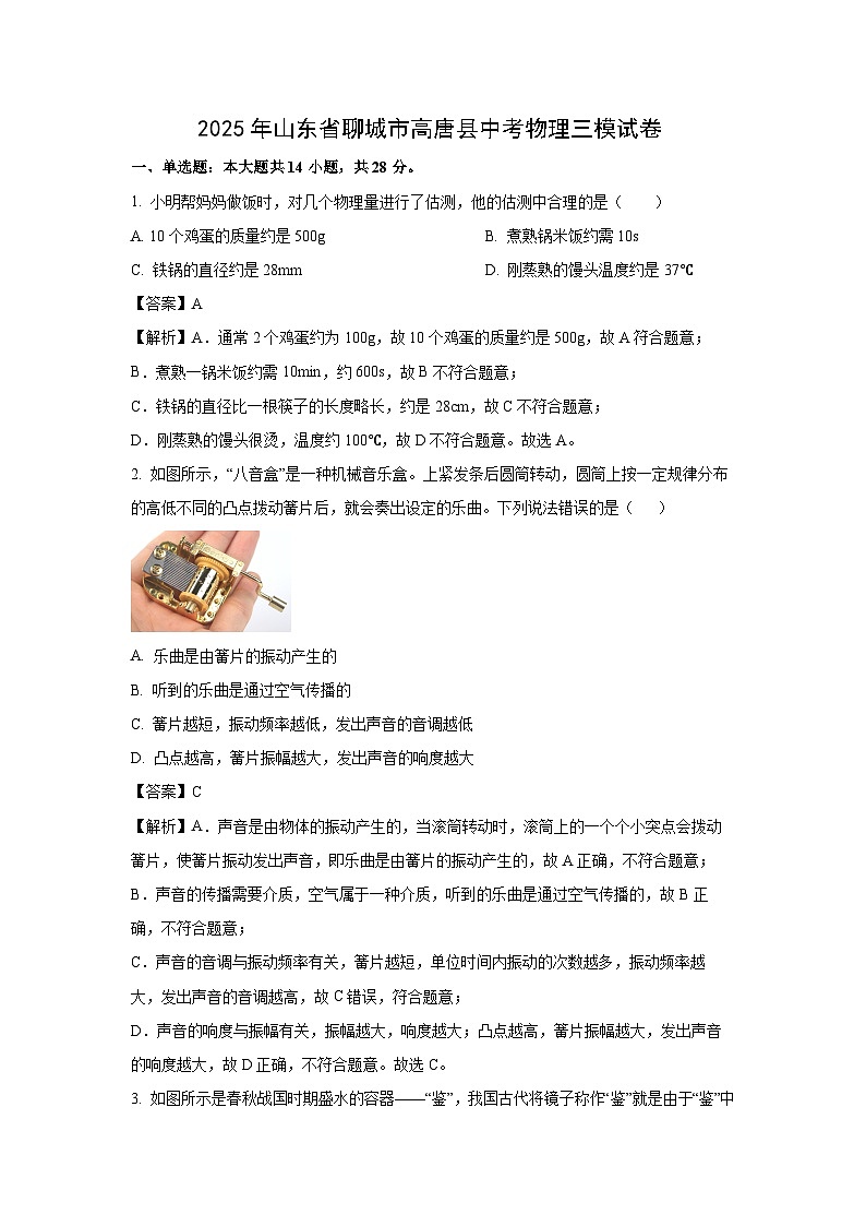 2025年山东省聊城市高唐县中考三模 (1)物理试题（解析版）第1页