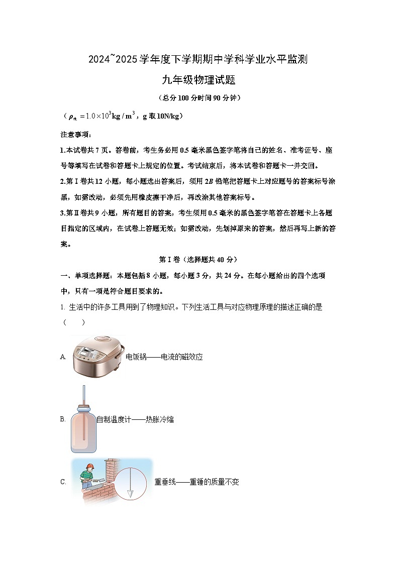 山东省日照市五莲县2024-2025学年九年级下学期期中考试物理试题（解析版）第1页