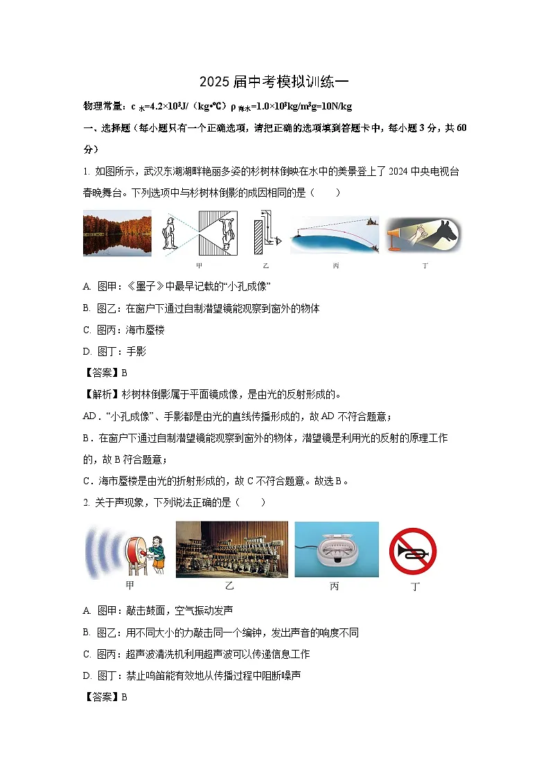 2025年湖北省武汉市黄陂区中考模拟物理试卷第1页