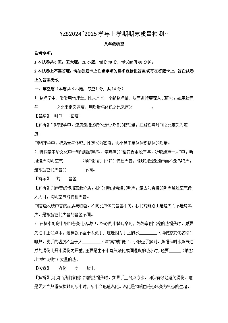 河南省许昌市禹州市2024-2025学年八年级上学期期末考试物理试卷（解析版）第1页