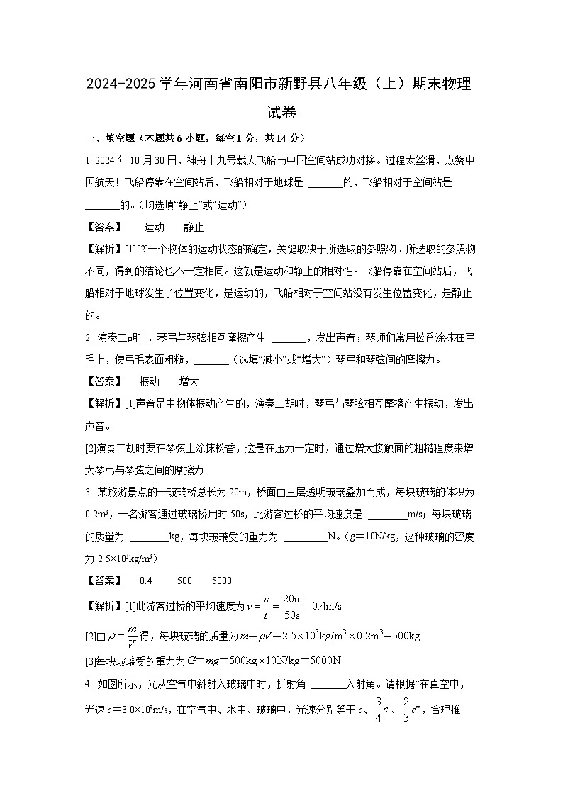 河南省南阳市新野县2024-2025学年八年级上学期期末物理试卷（解析版）第1页