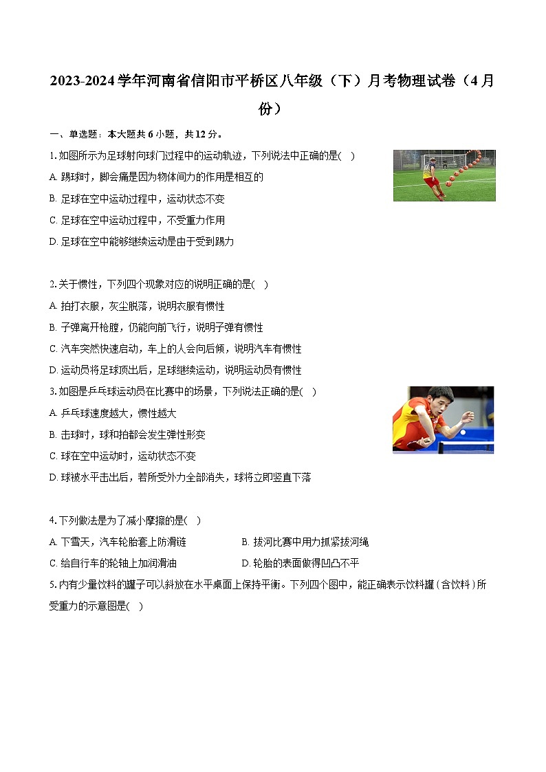 河南省信阳市平桥区2023-2024学年八年级下学期4月月考物理试题第1页