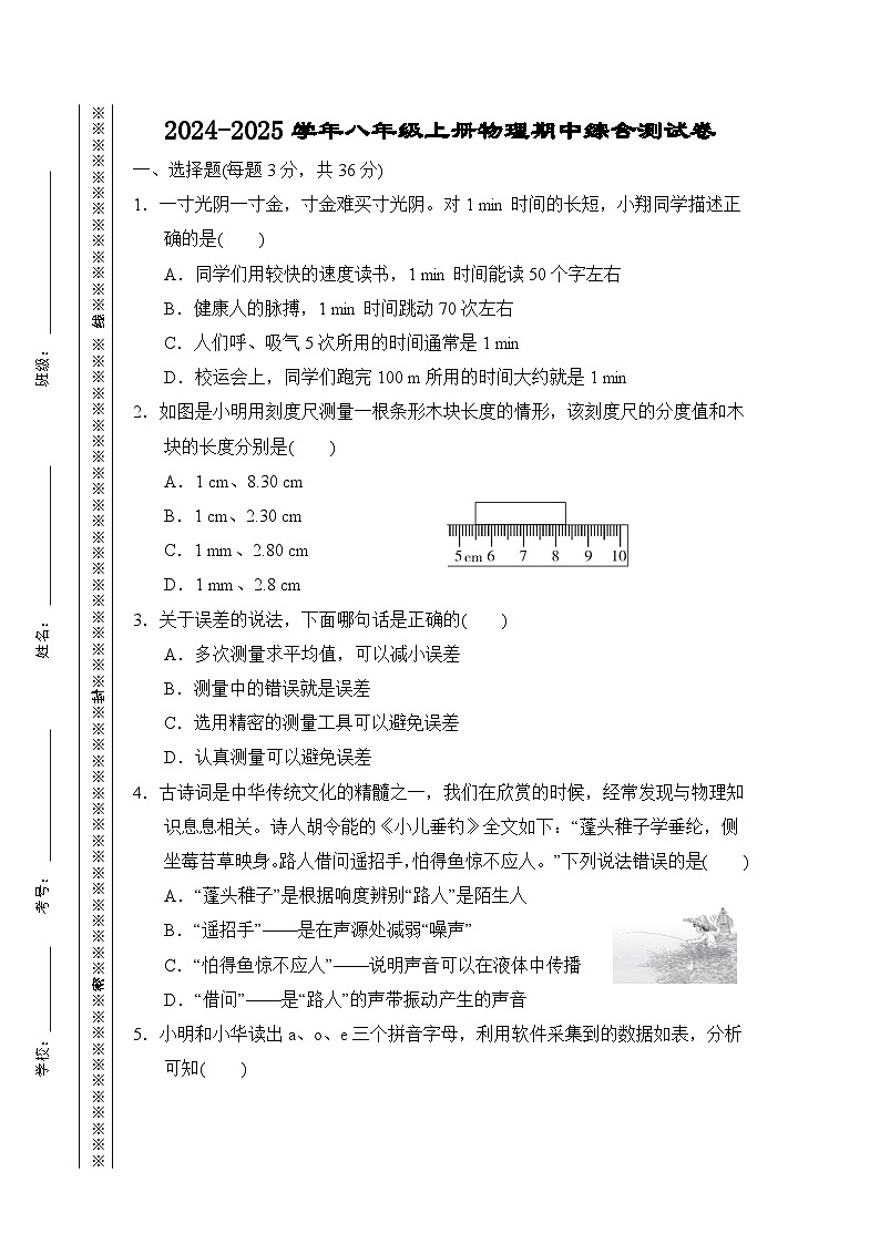 2024-2025学年八年级上册物理期中综合测试卷（含答案）第1页
