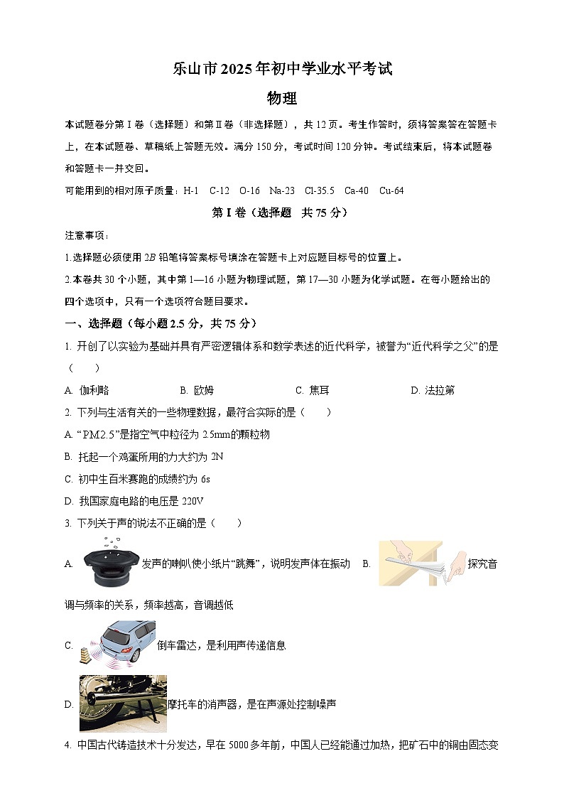 2025年四川省乐山市中考物理真题（原卷版）第1页