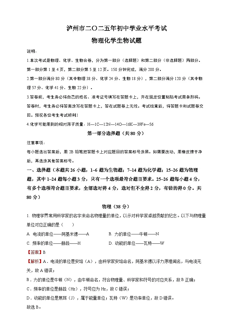 2025年四川省泸州市中考物理真题（解析版）第1页