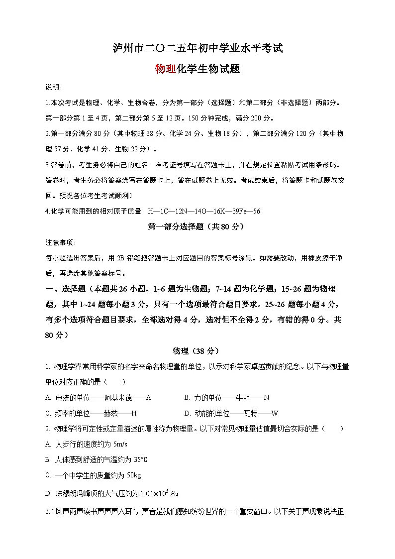 2025年四川省泸州市中考物理真题（原卷版）第1页
