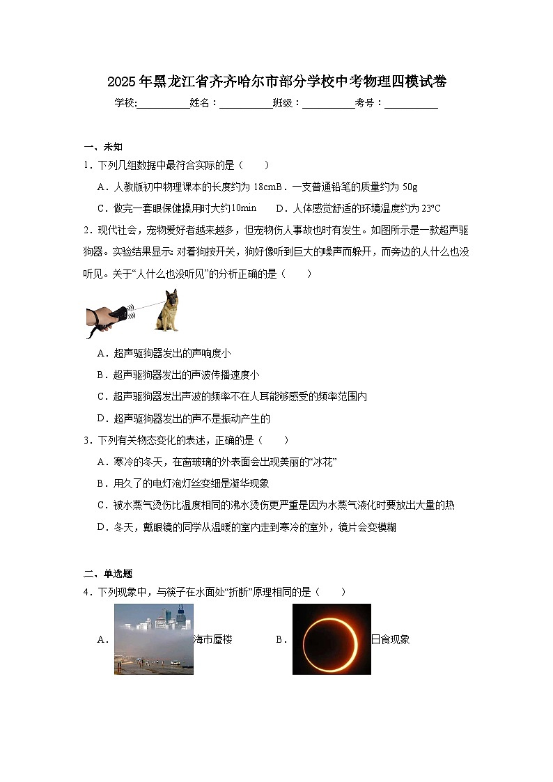 2025年黑龙江省齐齐哈尔市部分学校中考物理四模试卷（无答案）第1页