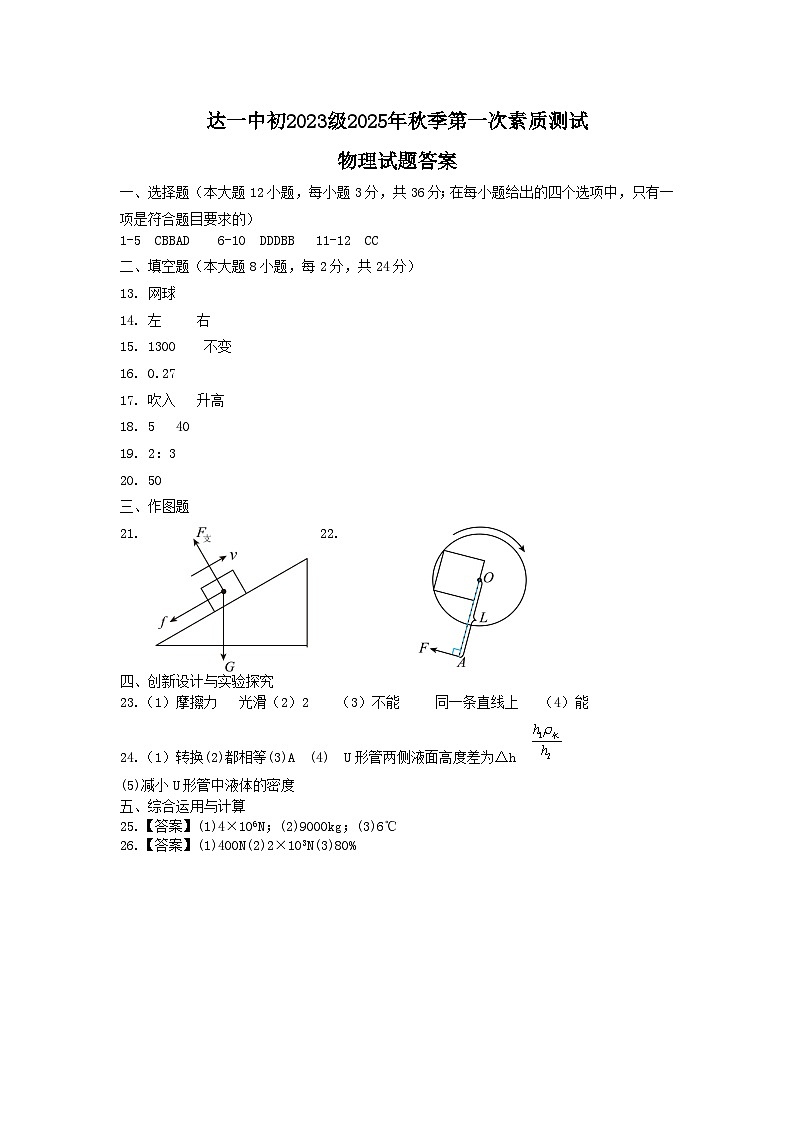 2025年秋季达一中九年级入学素质训练物理试题答案第1页