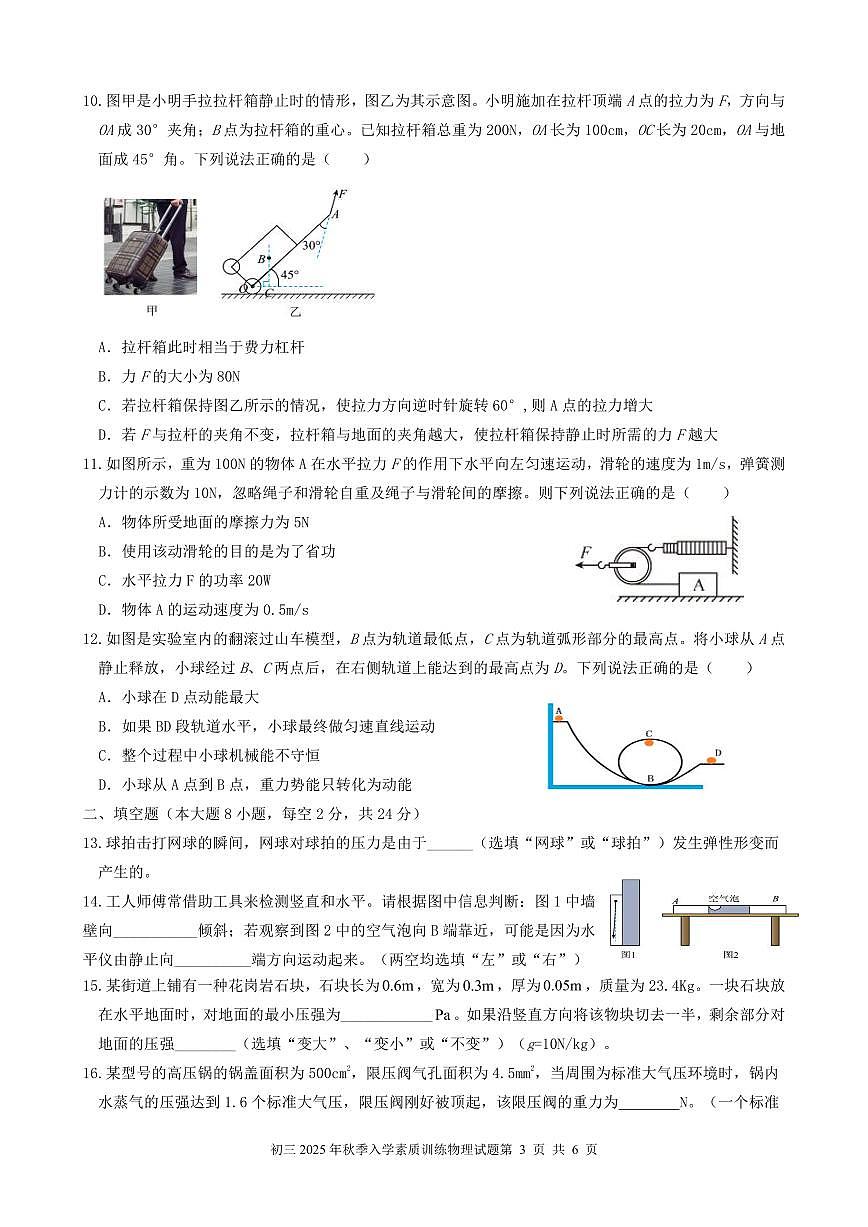 2025年秋季达一中九年级入学素质训练物理试题第3页