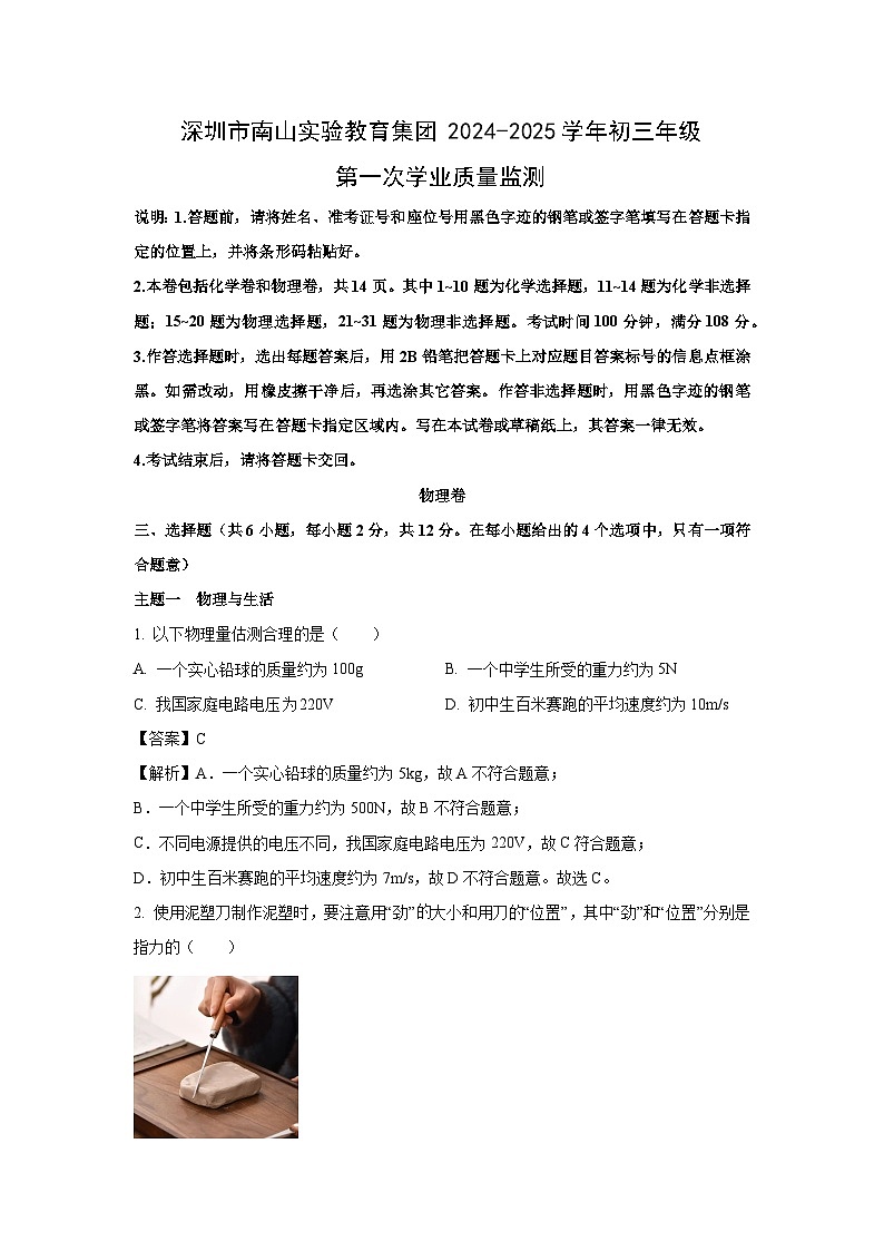 2025年广东省深圳市南山实验教育集团中考一模物理试卷（解析版）第1页